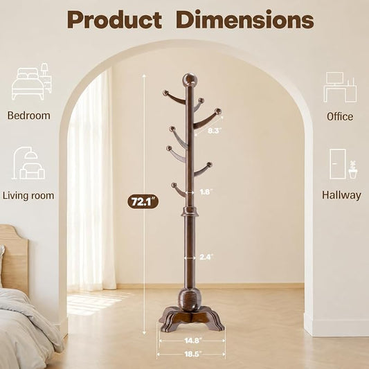 Hall Tree, Freestanding Wood Tree Rack with 7 Hooks, Coat Rack with Stable Sphere Base, Wooden Coat Rack Stand, Load 210 lb, Coat Hanger Stand for Entryway, Hallway, Bedroom, H:72 in, Walnut