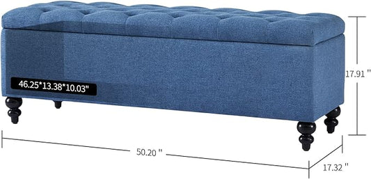 Storage Ottoman 50.2 Inches Upholstered Fabric Storage Ottoman Bench,Button Tufted Ottoman with Storage for Living Room,Bedroom End of Bed Bench Withstands 302lbs (Blue)