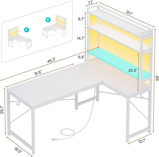 SEDETA White Corner Desk, Reversible 45.3” Small Computer Desk with Power Outlet and LED Lights, Corner Computer Desk with Hutch, Storage Shelves and Hooks for Small Space