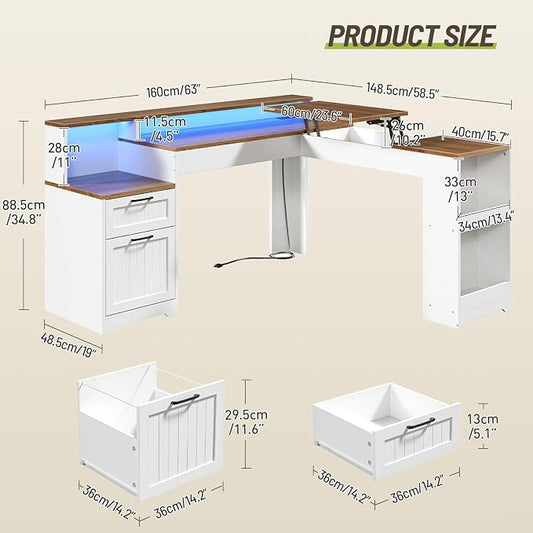 Farmhouse 63" L Shaped Standing Desk, Corner Computer Desk with Drawers, Office Desk with File Drawers with RGB Lighting & Charging Station, Monitor Stand and Storage Shelves, White and Walnut
