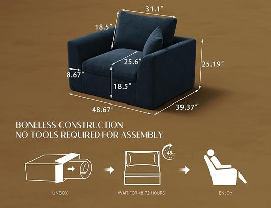ohllob 48.6" Single Sofa, Small Boneless Couches for Living Room, Cloud Couch for Bedroom, Office, Blue