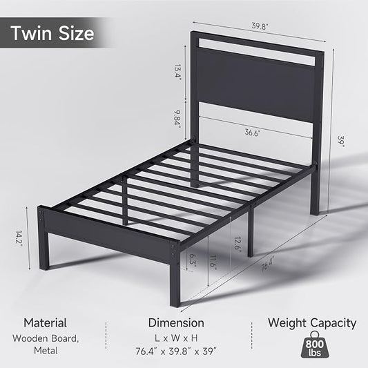 Z-hom Twin Metal Bed Frame with Wooden Headboard and Footboard, Heavy Duty Platform Frame with Metal Slats, No Box Spring Needed, Quiet and Non-Slip Design, Bed Storage for Small Bedroom,Black