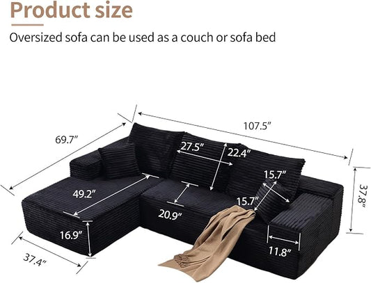 107.5" W Modular Sectional Sofa, Upholstered Corduroy Cloud Couch with Deep Seat, Modern 3-Seater L-Shaped Sofa for Living Room, No Assembly Required (Camel, Left-Facing Chaise)