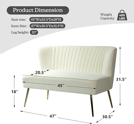 TINA'S HOME Contemporary Velvet Loveseat Sofa, Upholstered Loveseat Couch with Golden Metal Legs, Small Tufted 2-Seat Sofa Armless Love Seat for Living Room, Bedroom, Apartment Small Spaces, Ivory
