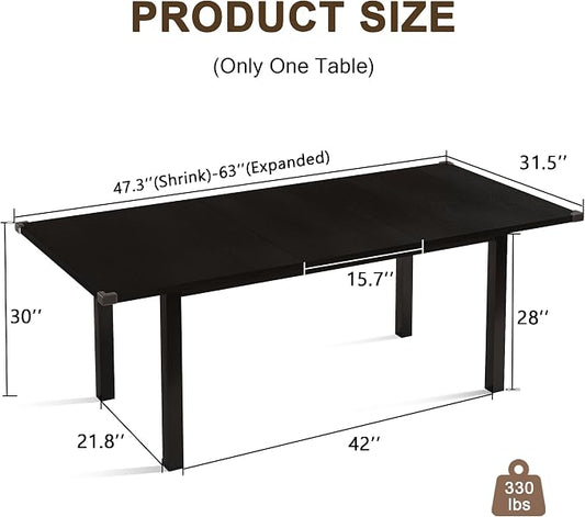 Einhomn Modern Extendable Dining Table for 4-6, 63" Farmhouse Kitchen Table, Rectangular Dining Room Tables for Dining, Kitchen, Office, Living Room, Wooden Tables, Space Saving (Black)