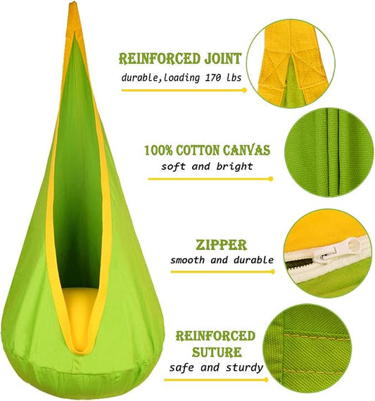 Kids Pod Swing Hanging Seat Child Hammock Chair Indoor and Outdoor Sensory Swing 100% Cotton Loading Capacity 170 lbs (Green)
