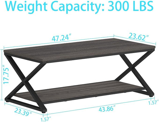 HSH Gray Coffee Table for Living Room, Minimalist Rectangle Center Table with Storage Shelf,Industrial Dark Wood and Metal Cocktail Tea Table, Office Simple 2 Tier Display Coffee Table, 47 Inch
