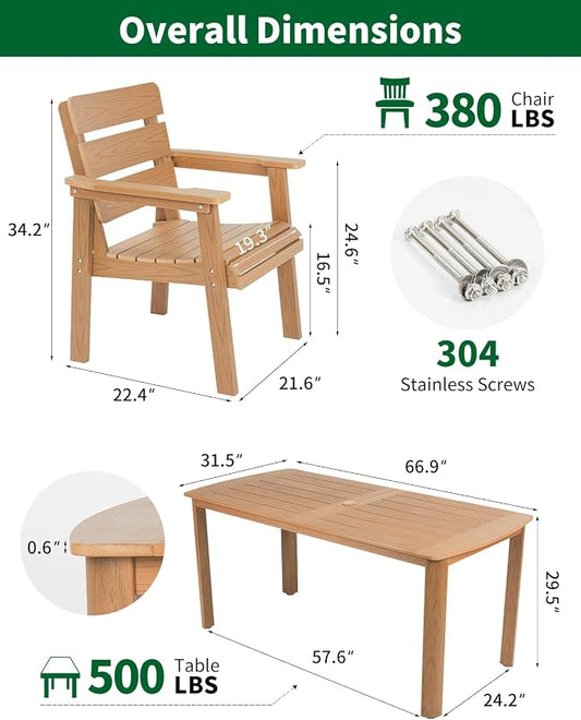 Outdoor Rectangle Dining Table with Rounded Edge, 67" All-Weather HIPS Patio Table for 6, Outdoor Furniture with Umbrella Hole, Ideal for Garden, Poolside, Backyard, Deck, Teak