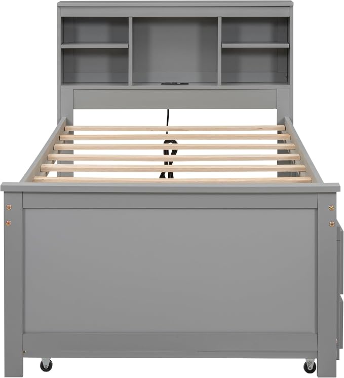 Merax Twin Size Platform Bed with Storage Headboard, USB, Wood Bedframe with Twin Size Trundle and 3 Drawers, Grey
