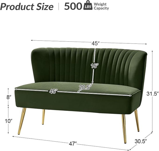 TINA'S HOME Mid-Century Velvet Loveseat Sofa, Upholstered Loveseat Couch with Golden Metal Legs, Small Tufted 2-Seat Sofa Armless Love Seat for Living Room Bedroom, Forest