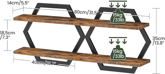 CHOEZON Hexagon Floating Shelves for Wall, Set of 2, 2 -Tier Hanging Shelves, Wall Mounted Storage Shelves, for Living Room, Bedroom, Kitchen, Home Office, Study, Rustic Brown and Black TBJ06P2BF
