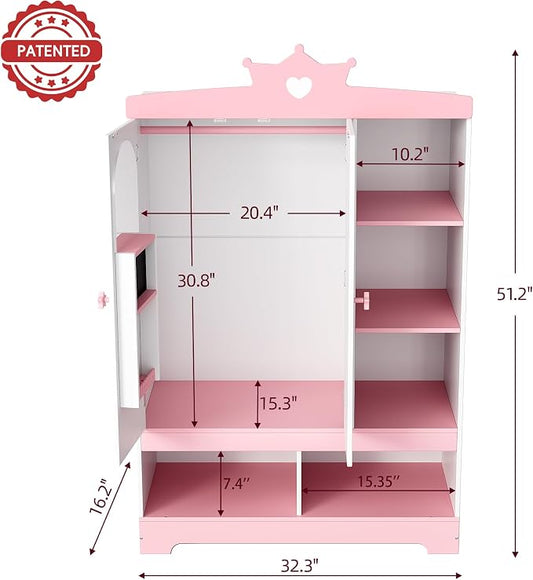 Kids Dress Up Storage with Hidden Jewelry Armoire, Wooden Princess Pretend Play Closet Wardobe Center with Mirror, Toddler Armoire Organizer with Hanging Area & Shoe Cubbies, Pink/White