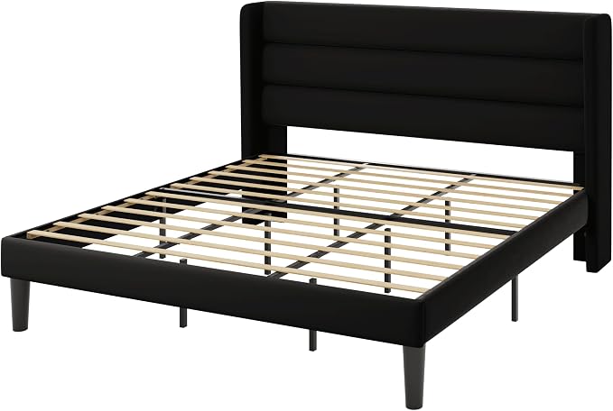 Allewie King Size Platform Bed Frame with Velvet Upholstered Wingback Headboard, No Box Spring Needed, Under Bed Storage Space, Strong Wooden Slats, Modern Mattress Foundation, Easy Assembly, Black