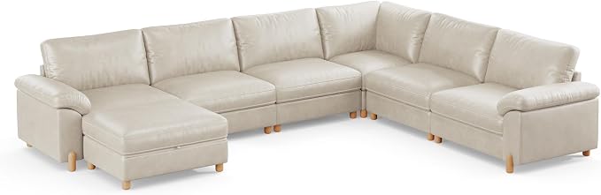 SITJOY Large Cloud Couch, 138" Wide 6 Seater U Shape, Faux Leather in White | Pet-Friendly Scratch-Resistant Leather Sectional Sofas for Living Room, Deep Seat Wide Couch with Chaise, Storage Ottoman