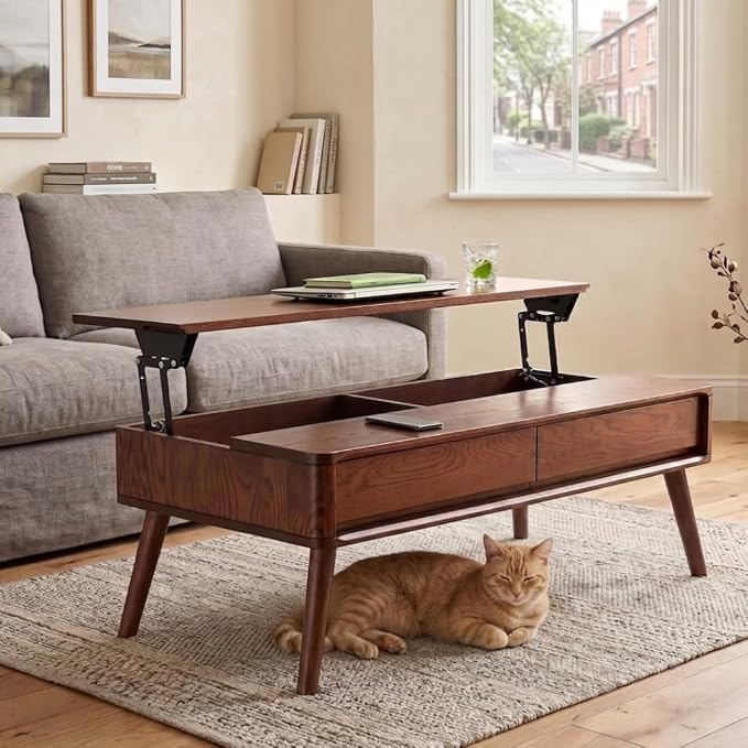100% Solid Wood Lift Top Coffee Table for Living Room, Mid Century Modern Tables with Drawers and Large Storage, Oak Wood Coffee Tables for Small Spaces (Oak Walnut Color, 47.24"W x 23.62"D x 25.59"H)