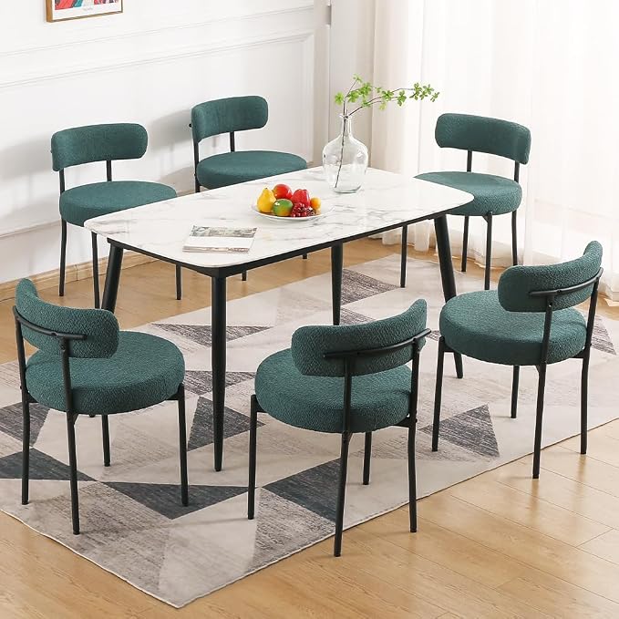 EDWELL Green Dining Chairs Set of 4, Modern Upholstered Dining Room Chairs with Thick Cushion, Curved Backrest Kitchen Chairs Boucle Chair for Dining Room, Living Room