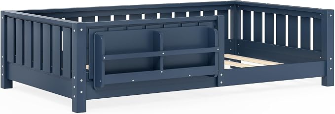 Twin Size Montessori Floor Bed with Bookshelf, Guardrail and Slats, Blue | Low Profile Montessori Floor Bed with Bookcase, Easy Assemble Montessori Beds Frame for Kids, Twin Floor Bed Frame