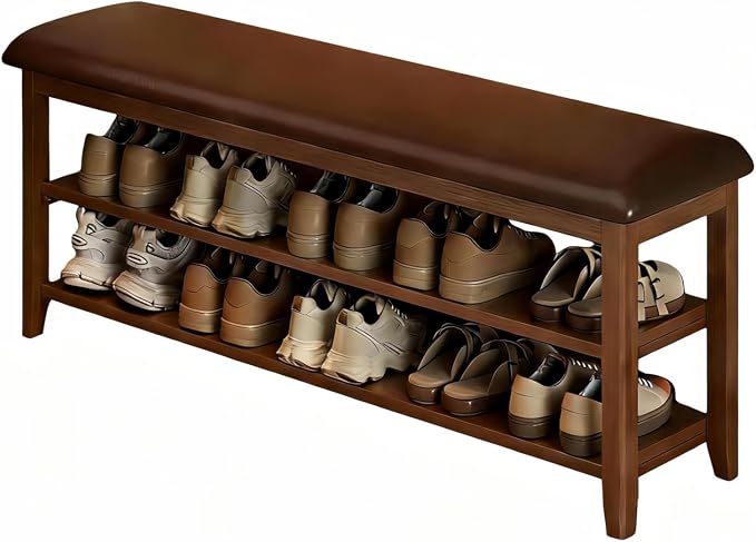 Shoe Bench Storage with Leather Cushion, Rustic Solid Wood Entryway Bench with 2 Height-Adjustable and Removable Shelves for Hallway, Living Room, Mudrooms (Dark Brown,39.4")