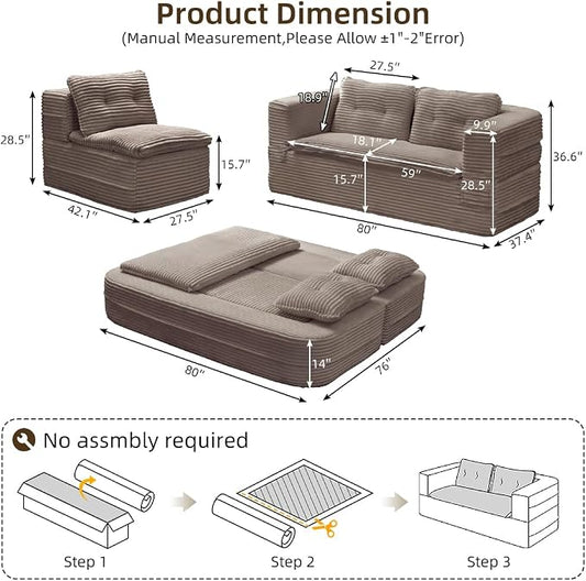 80'' Futon Sofa Bed, King Size Foldable Sleeper Sofa, Corduroy Boneless Loveseat Couch with Chaise Lounge, 3 Pillows, Blanket, Upholstered Sectional Couches for Living Room, Bedroom, Coffee