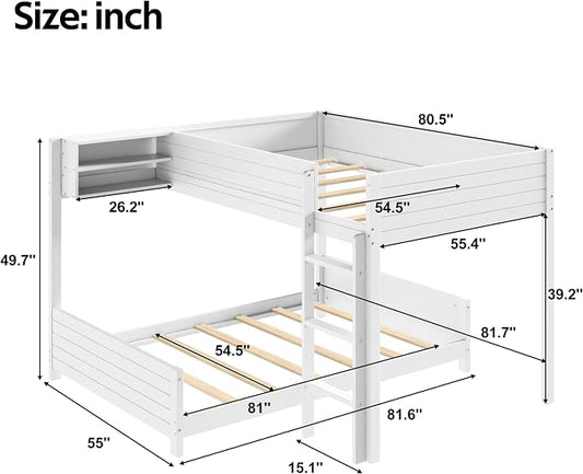 Full XL Over Full XL Bunk Bed with Built-in Storage Shelf & Ladder, Wood Bed Frame with Support Slats, Space-Saving Design, White