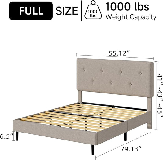 Full Size Linen Bed Frame, Upholstered Platform Bed Frame with Adjustable Headboard, Wooden Slats Support, No Box Spring Needed, Easy Assembly, Beige
