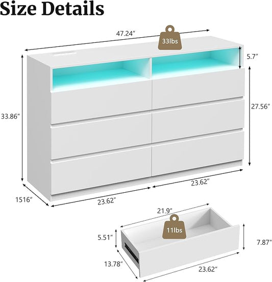 6 Drawer Dresser for Bedroom 47" Wooden White Dressers Chests of Drawers | Double Closet Storage Cabinet w/ Charging Station LED RGB Lights 2 Open Shelves Modern Dresser TV Stand for Living Room