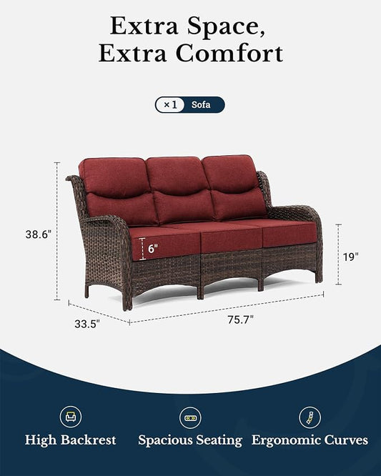 HILLGA Luxury Outdoor Furniture High Back Patio Sofa, Oversized 3-Seater Couch with 6'' Thick Cushions, Ideal for Porch, Poolside, Deck, and Yard (Burgundy)