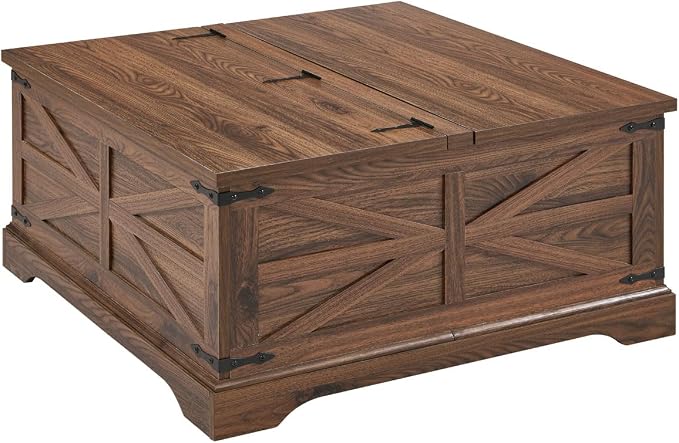 JXQTLINGMU Farmhouse Lift Top Coffee Table with Large Storage, 36" Square Wood Living Room Table with Hidden Compartment, Lift Tabletop Dining Table for Home, Brown