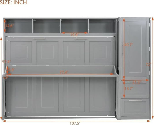 Virubi Full Horizontal Murphy Bed with Storage Wardrobe Closet,2 Drawer,4 Storage Shelves,Wood Folding Murphy Wall Bed Cabinet for Adult (Grey)