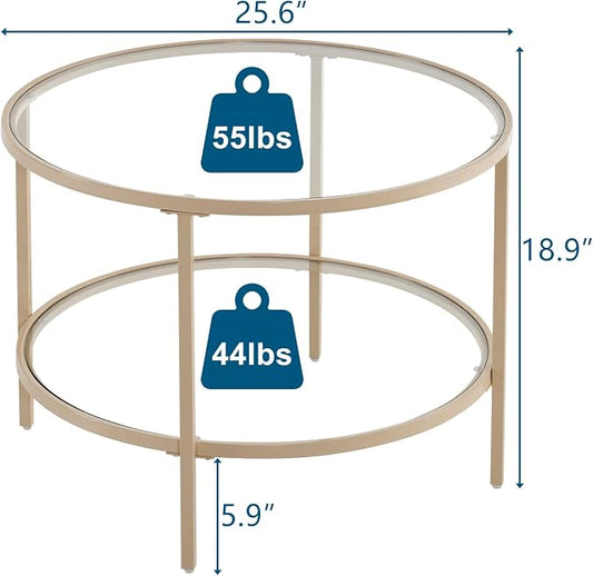 VINGLI Glass Coffee Table, 25.6" Round Coffee Table, Transparent Glass Coffee Tables for Living Room, 2-Tier Coffee Table with Storage, Modern Center Table with a Beige Frame, Mesa de Centro Para Sala