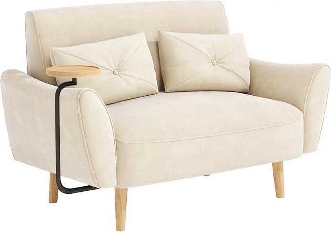 Brelice Loveseat Sofa, 47" Velvet Couch for Bedroom, Convertible Wooden Tray & Ergonomic Armrest, for Small Space, Apartment, Living Room, Home Office, Easy Assembly, Beige