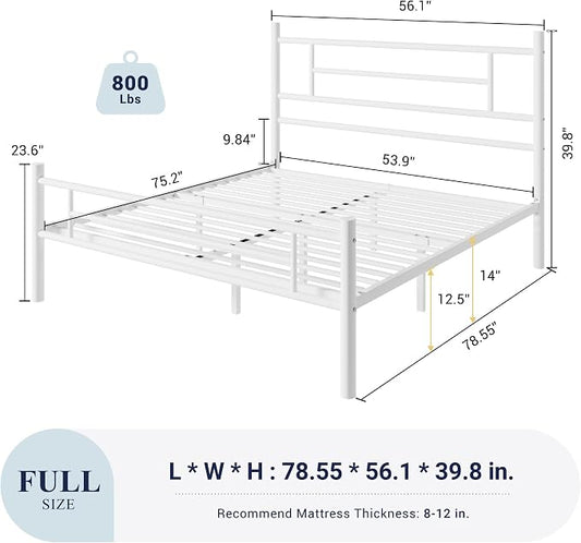 Allewie 14 Inch Full Size Metal Platform Bed Frame with Headboard and Footboard, Underbed Storage, Strong Metal Slats Support, Mattress Foundation, No Box Spring Needed, Easy Assembly, White
