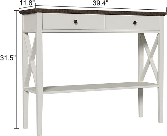 ChooChoo Farmhouse Console Table with Drawers, Narrow Wood Accent Sofa Table Entryway Table with Storage Shelf for Entryway, Front Hall, Hallway, Living Room, Antique White & Brown