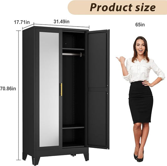 Metal Wardrobe Storage Cabinet with Mirror and Hanging Rod,71'' Metal Clothing Cabinet with 2 Doors and 2 Adjustable Shelves for Bedroom, Laundry Room, Cloak Room (Black)