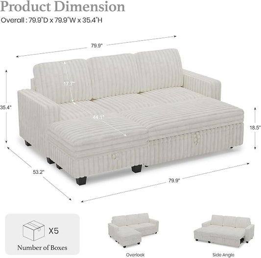Belffin Corduroy Modular Sectional Sleeper Sofa with Pull Out Bed Small Sectional Couches with Storage for Living Room Apartment Couch. Beige Couch