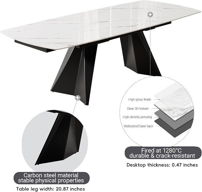Honyee Extendable Dining Table with Leaf, 65 to 95 Inch Rectangular Sintered Stone, Modern Large Dining Room Table Seats 6 8 10 12, Metal Base, Marble Look for Family Gatherings