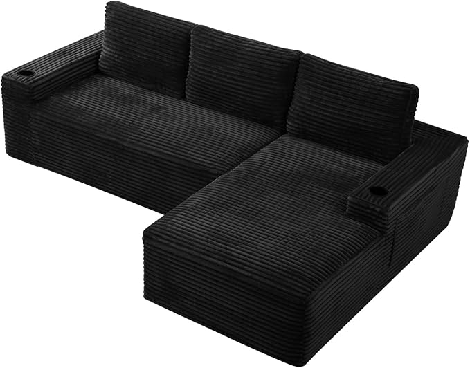 104" L Shaped Boneless Sectional Couches for Living Room, Comfy Corduroy Floor Cloud Sofa with Chaise and Cup Holder, Wide Armrest, Deep Seat, Assembly Free, Ideal for Small Spaces, Black
