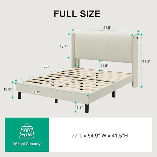 Novilla Full Size Bed Frame, Full Bed Frame with Headboard, Velvet Upholstered Wing Side Headboard, No Box Spring Needed, Heavy Duty Feet, Easy Assembly, White Velvet