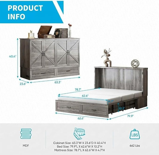 Mjkone Queen Murphy Bed, Cabinet Beds Queen Size with Tri-Fold Mattress Included, Charging Station, Hidden Storage Drawers, Space Saving Murphy Chest Beds, Cabinet Guest Wall Bed for Apartment, Grey