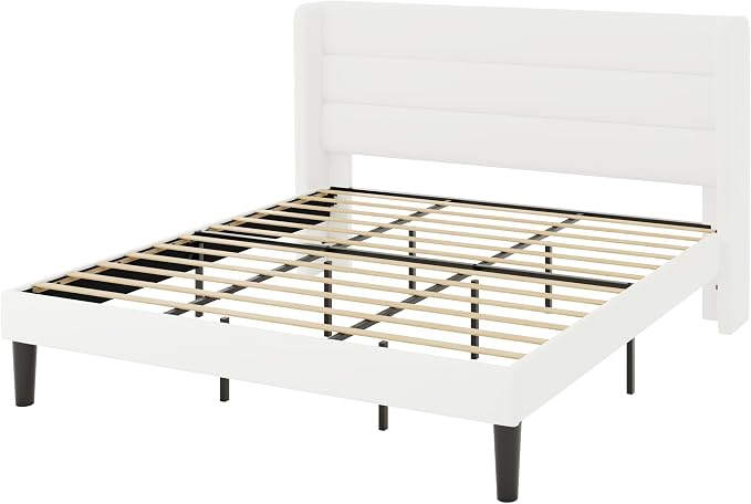 Allewie King Size Platform Bed Frame with Velvet Upholstered Wingback Headboard, No Box Spring Needed, Under Bed Storage Space, Strong Wooden Slats, Modern Mattress Foundation, Easy Assembly, White