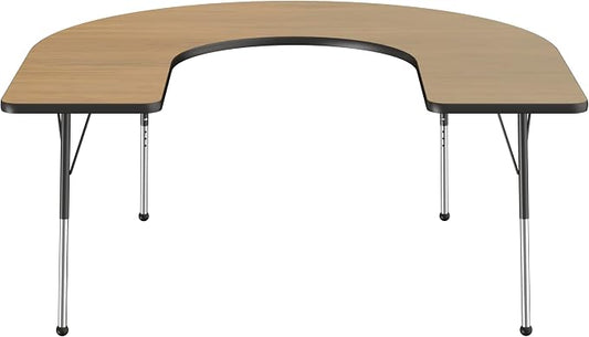 FDP Horseshoe (60 x 66 inch) Collaborative Teacher Classroom Table with Adjustable Standard Ball Glide Legs (19-30 in); School and Office Furniture - Pasadena Oak Top/Navy Edge and Legs