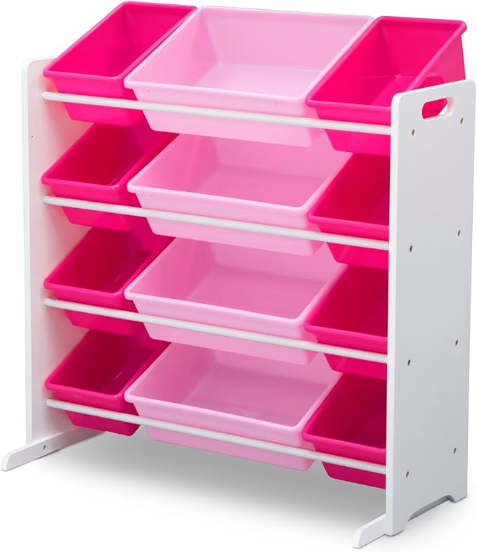 Delta Children Kids Toy Storage Organizer with 12 Plastic Bins - Greenguard Gold Certified, White/Pink