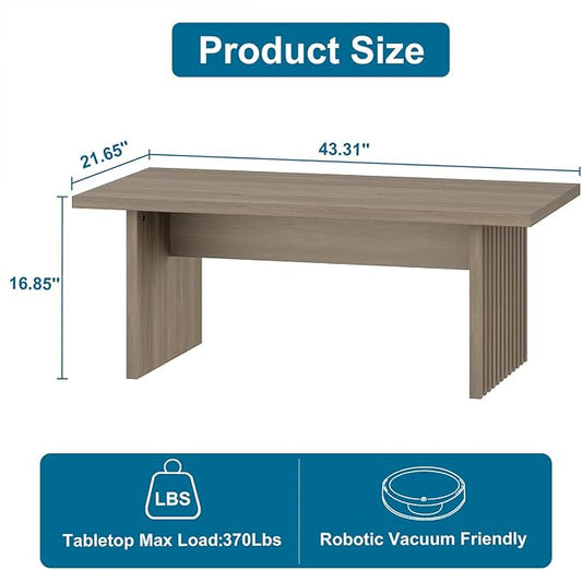 BON AUGURE 43 Inch Coffee Table, Fluted Wood Living Room Tables, Rectangle Gray Coffee Tables for Living Room, Grey Center Table for Home, Office (Greige Oak)