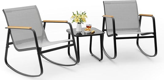 Aiho 3 Piece Patio Bistro Set, Textilene Outdoor Furniture Set with Patio Rocking Chairs with Wooden Armrests and Glass Table for for Lawn, Porch, Balcony, Poolside(Grey)