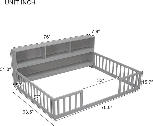 Bellemave Kids Montessori Floor Bed,Full Size Floor Bed with Bookcase and Shelves,Full Bed Frame with Guardrails for Kids,Girls,Boys,Full,Gray