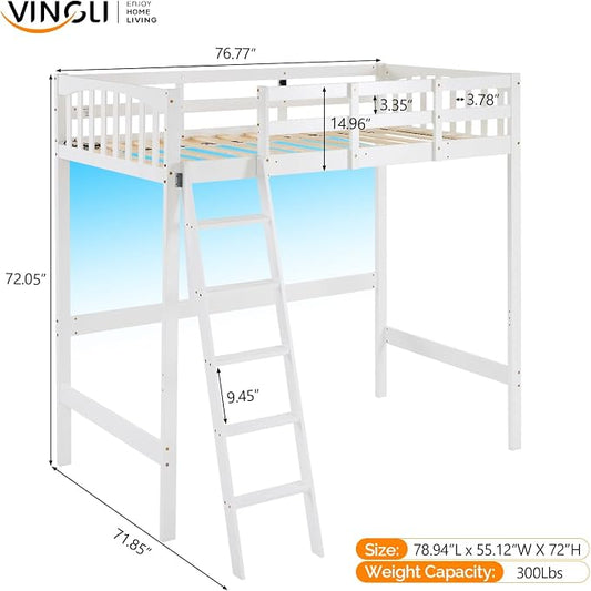 VINGLI Full Loft Bed with USB Charging Station/LED, Solid Wood Double Loft Bunk Bed with Flat Rungs for Kids/Teens/Adults, 15 inches High Guardrail,Wood Slat Support No Box Spring Needed, White