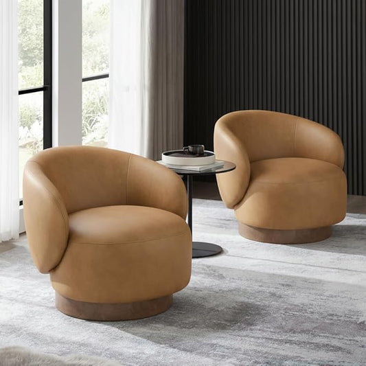 KISLOT Swivel Accent Chair Modern Round Barrel Armchair with Upholstered Faux Leather for Living Room Bedroom Waitingroom,1 Box,Brown