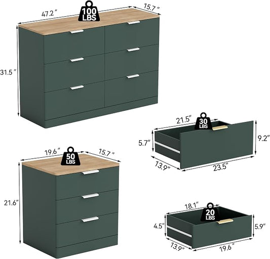 3 Pieces of Dresser and Nightstand Set,47.2" Width 6-Drawer Dresser & 3-Drawer Nightstands Set of 2 w/Metal Handle, Modern Design for Bedroom,Green & Brown