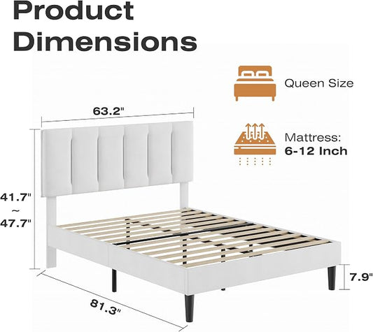 VECELO Queen Size Bed Frame with Upholstered Headboard, Heavy-Duty Bedframe with Wooden Slats & Steel Framework, Easy Assembly, Pure White