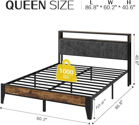 OLEVS Queen Size Bed Frame with Charging Station & LED Light, 2-Tier Storage Headboard & Footboard, Noise-Free Metal Platform Bed No Box Spring Needed, Easy Assembly